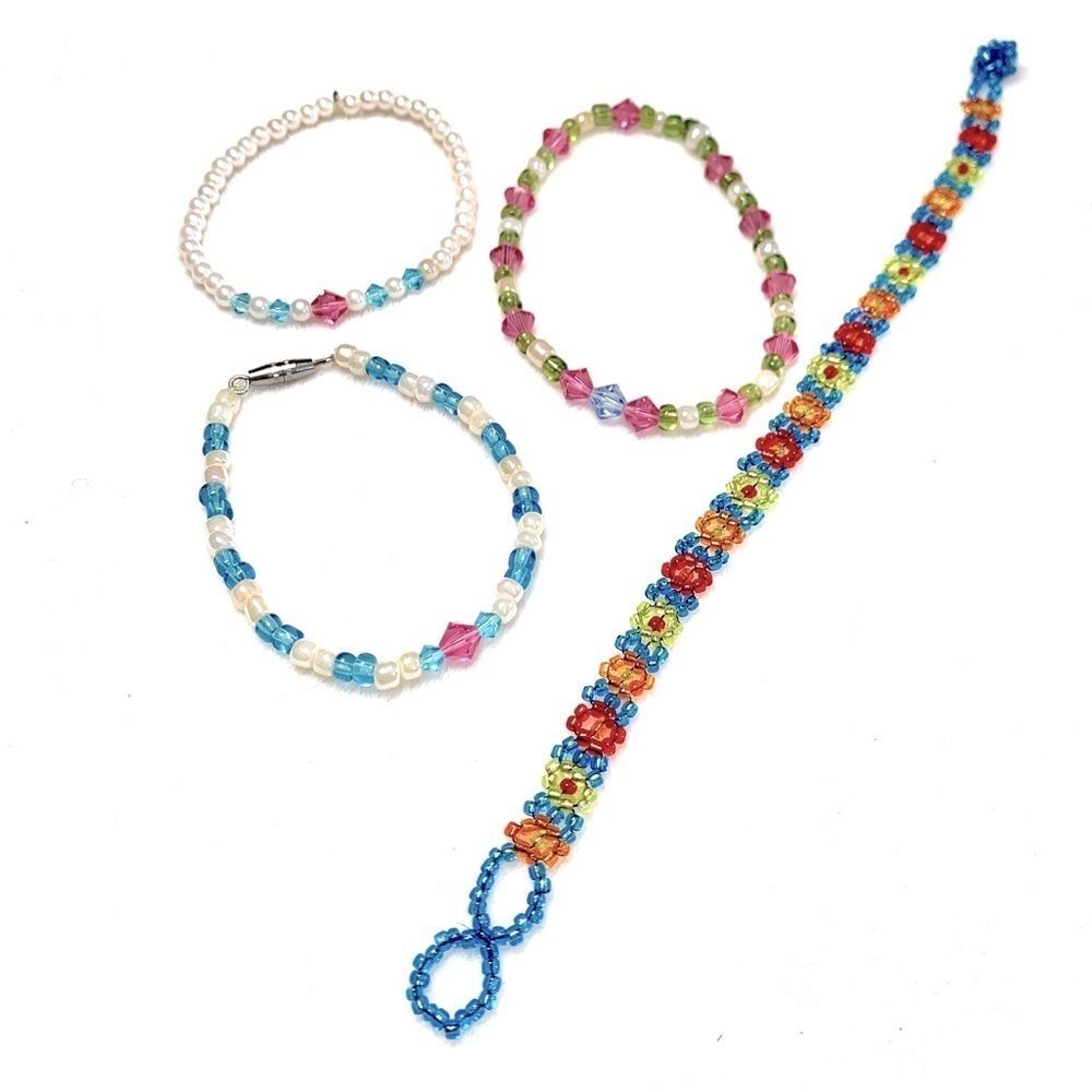 Set of Girls Multi Colored Crystal and Beaded Bracelets - Four in Total
